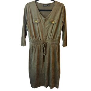 NWT Nina Leonard Olive Faux Suede Dress sz M drawstring cinch waist minimalist
